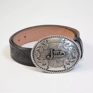 Justin Brand Belt Buckle Leather Belt Ornate Engraving Size 32